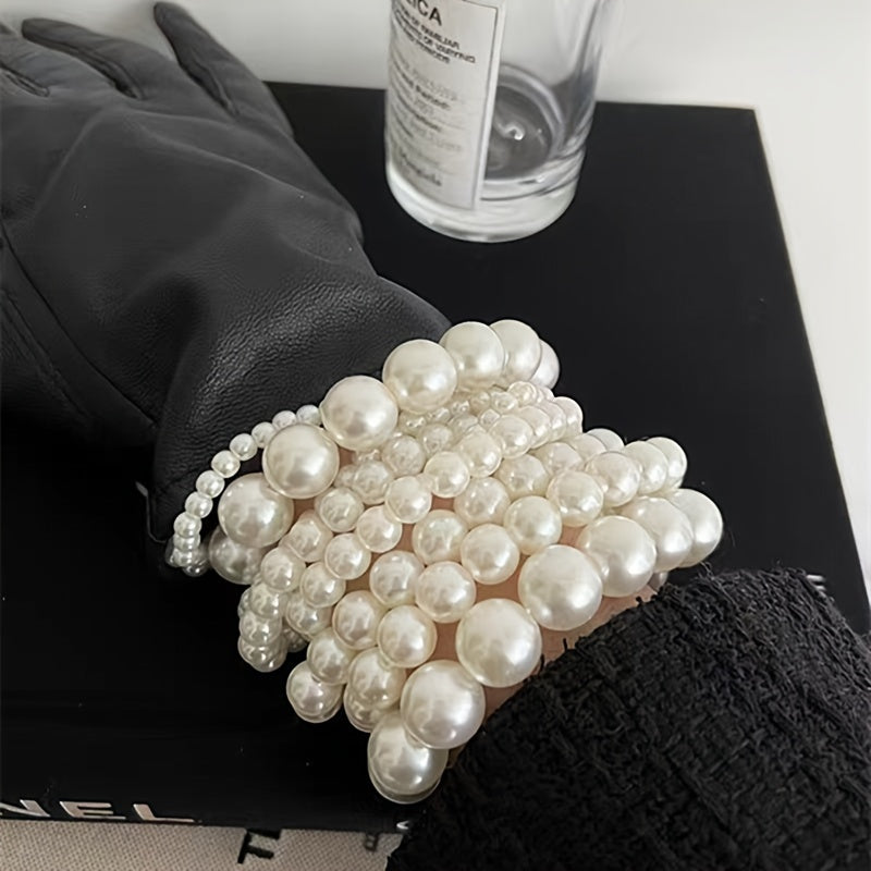 5pcs Elegant French-Inspired Acrylic Faux Pearl Bracelet Set - Vintage Chic Multi-Layer Beaded Stacking Wrist Jewelry, Ideal for Daily Wear & Gifting